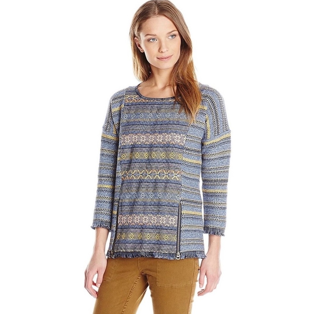 Lucky Brand “Escape” Tribal Boho Tribal Knit Top Fringe Zipper Festival Size M